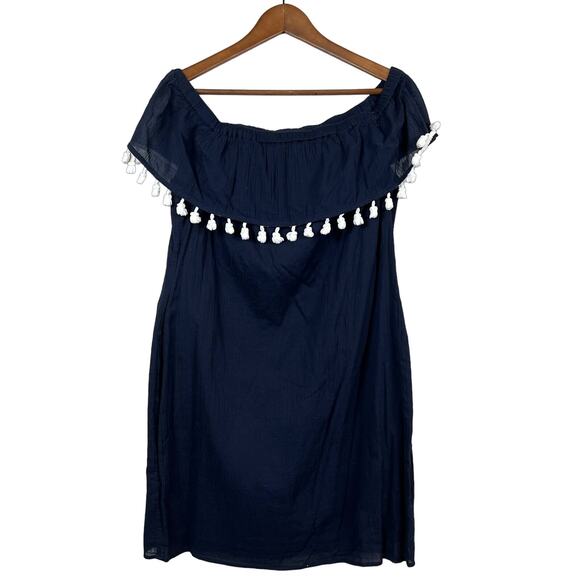 Sail to Sable Pom Pom Fringe Dress Off Shoulder Navy White - M - Picture 1 of 5